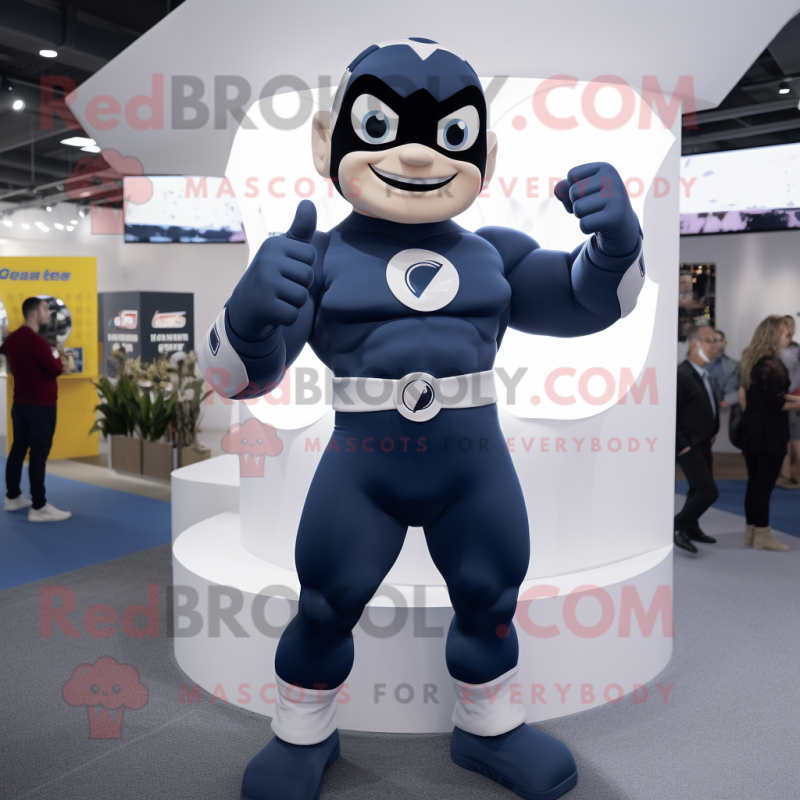 Navy Superhero mascot costume character dressed with a Playsuit and Bracelets
