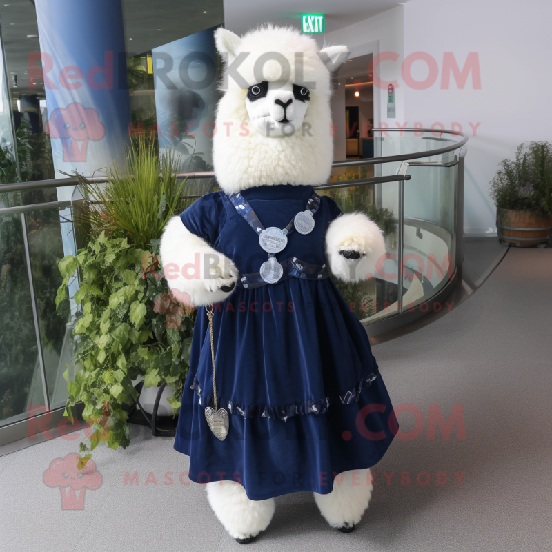 Navy Alpaca mascot costume character dressed with a A-Line Skirt and Anklets Navy Alpaca mascot costume character dressed with a A-Line Skirt and Anklets