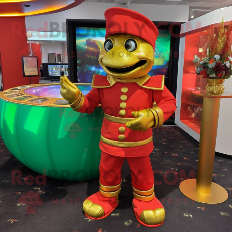 Red Pot Of Gold mascot costume character dressed with a Turtleneck and Cufflinks Red Pot Of Gold mascot costume character dressed with a Turtleneck and Cufflinks