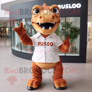 Rust Allosaurus mascot costume character dressed with a Polo Shirt and Eyeglasses