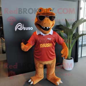 Rust Allosaurus mascot costume character dressed with a Polo Shirt and Eyeglasses