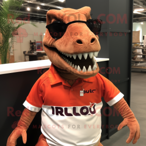 Rust Allosaurus mascot costume character dressed with a Polo Shirt and Eyeglasses