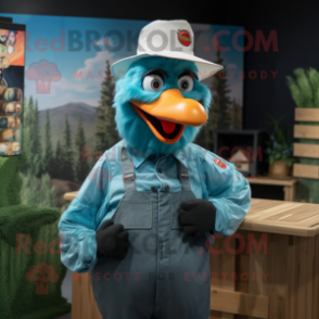 Cyan Roosters mascot costume character dressed with a Overalls and Caps