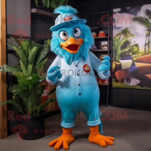 Cyan Roosters mascot costume character dressed with a Overalls and Caps