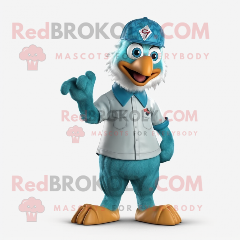 Cyan Roosters mascot costume character dressed with a Overalls and Caps