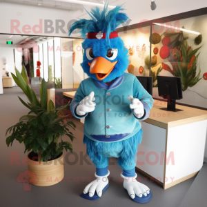 Cyan Roosters mascot costume character dressed with a Overalls and Caps
