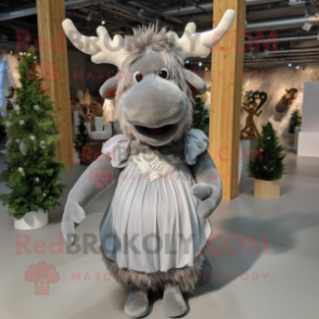 Gray Reindeer mascot costume character dressed with a Wedding Dress and Shoe laces