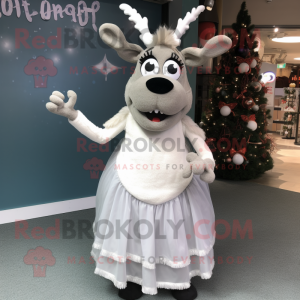 Gray Reindeer mascot costume character dressed with a Wedding Dress and Shoe laces