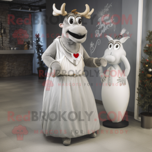 Gray Reindeer mascot costume character dressed with a Wedding Dress and Shoe laces