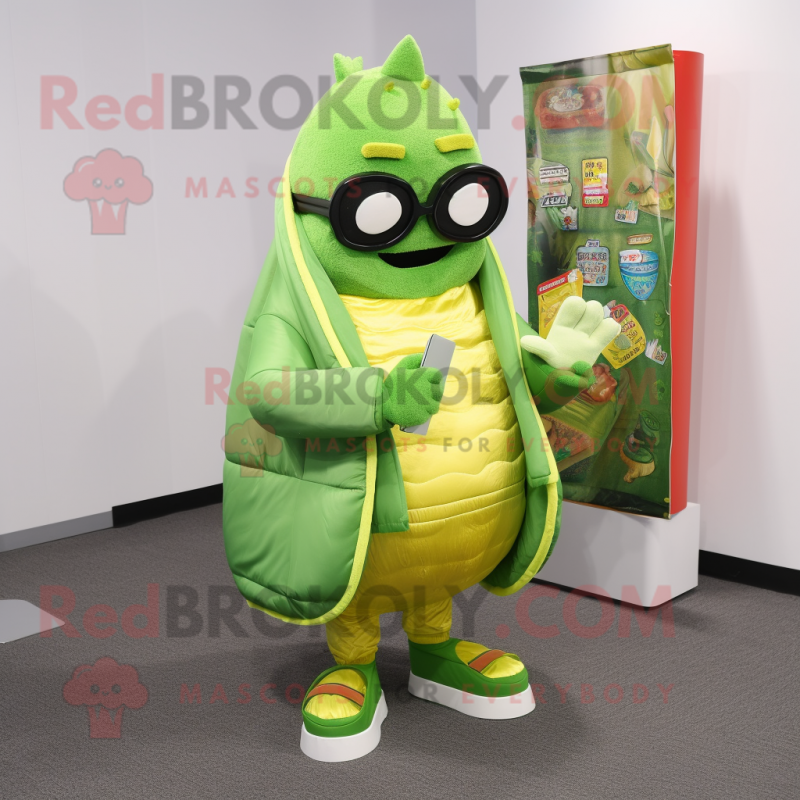 Lime Green Enchiladas mascot costume character dressed with a Jacket and Reading glasses