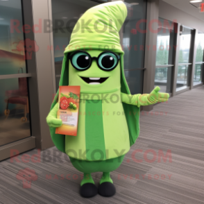 Lime Green Enchiladas mascot costume character dressed with a Jacket and Reading glasses