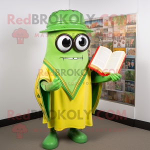 Lime Green Enchiladas mascot costume character dressed with a Jacket and Reading glasses