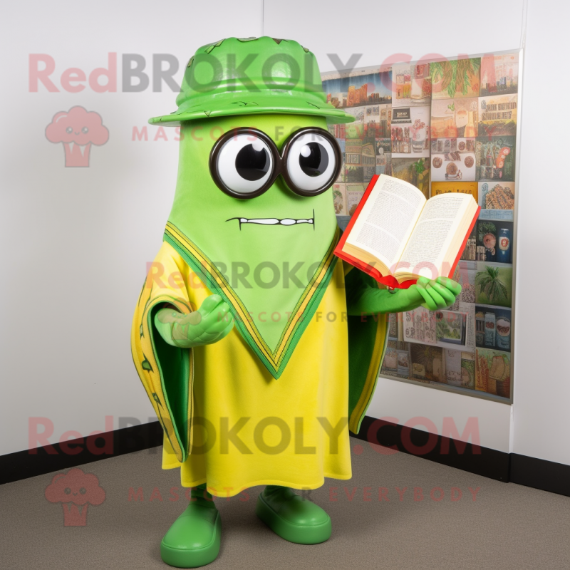 Lime Green Enchiladas mascot costume character dressed with a Jacket and Reading glasses Lime Green Enchiladas mascot costume character dressed with a Jacket and Reading glasses