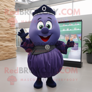 Navy Eggplant mascot costume character dressed with a Pleated Skirt and Digital watches