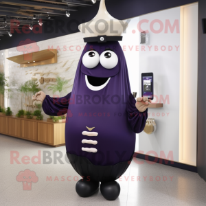 Navy Eggplant mascot costume character dressed with a Pleated Skirt and Digital watches