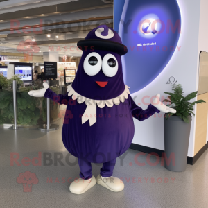 Navy Eggplant mascot costume character dressed with a Pleated Skirt and Digital watches