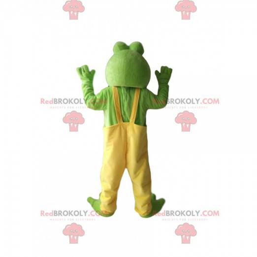 Sjov grøn frøemaskot med gule overalls - Redbrokoly.com
