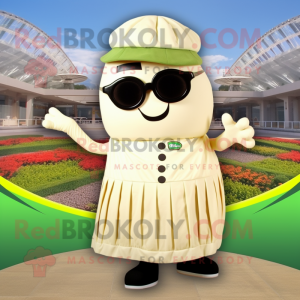 Beige Celery mascot costume character dressed with a Maxi Skirt and Sunglasses