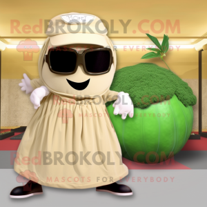 Beige Celery mascot costume character dressed with a Maxi Skirt and Sunglasses