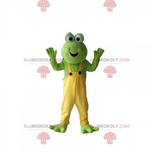 Mascota divertida rana verde con monos amarillos -