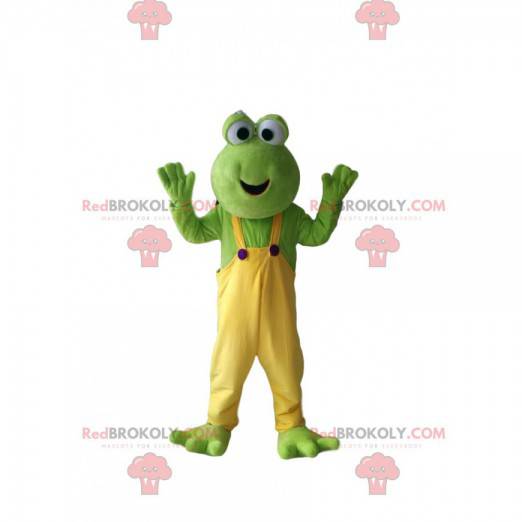 Sjov grøn frøemaskot med gule overalls - Redbrokoly.com