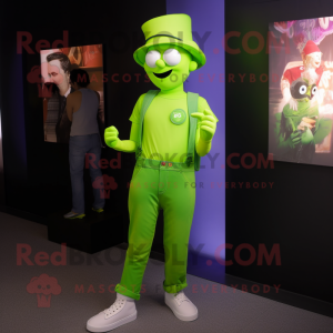 Lime Green Mime mascot costume character dressed with a Flare Jeans and Smartwatches