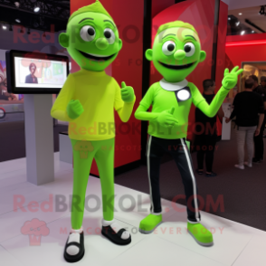 Lime Green Mime mascot costume character dressed with a Flare Jeans and Smartwatches
