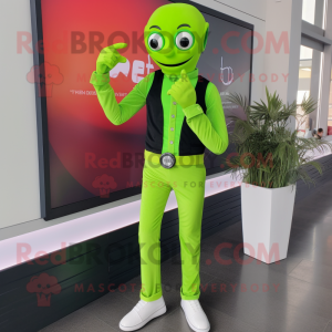 Lime Green Mime mascot costume character dressed with a Flare Jeans and Smartwatches