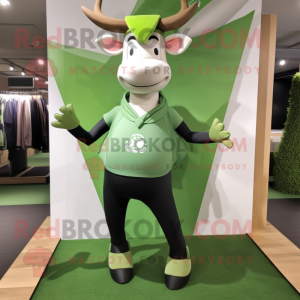 Forest Green Zebu mascot costume character dressed with a Yoga Pants and Caps