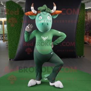 Forest Green Zebu mascot costume character dressed with a Yoga Pants and Caps