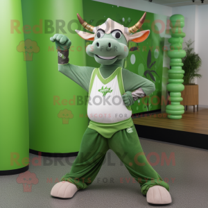 Forest Green Zebu mascot costume character dressed with a Yoga Pants and Caps