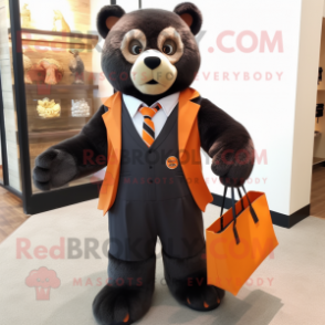 Orange Spectacled Bear mascot costume character dressed with a Suit Jacket and Tote bags