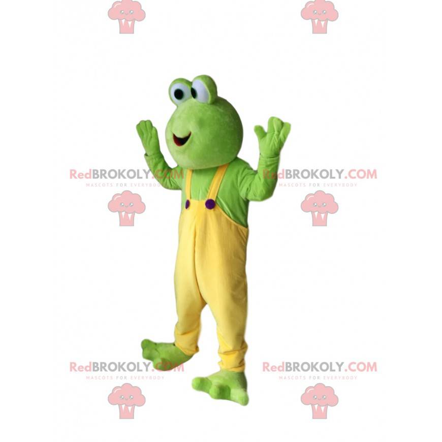 Lustiges grünes Froschmaskottchen mit gelbem Overall -