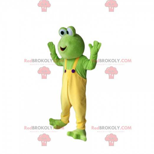 Sjov grøn frøemaskot med gule overalls - Redbrokoly.com