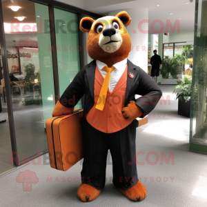 Orange Spectacled Bear mascot costume character dressed with a Suit Jacket and Tote bags