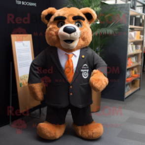 Orange Spectacled Bear mascot costume character dressed with a Suit Jacket and Tote bags