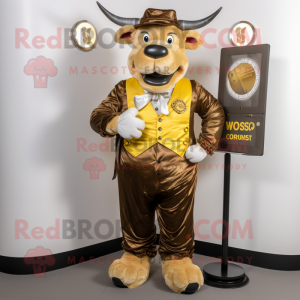 Gold Beef Stroganoff mascot costume character dressed with a Waistcoat and Wallets