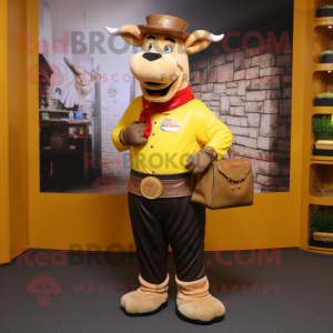 Gold Beef Stroganoff mascot costume character dressed with a Waistcoat and Wallets