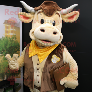 Gold Beef Stroganoff mascot costume character dressed with a Waistcoat and Wallets