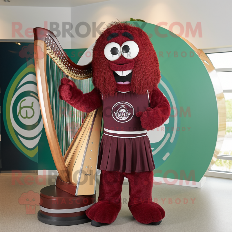 Maroon Celtic Harp mascot costume character dressed with a Bermuda Shorts and Rings Maroon Celtic Harp mascot costume character dressed with a Bermuda Shorts and Rings