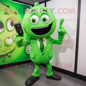 Green Phone mascot costume character dressed with a Suit Pants and Cufflinks