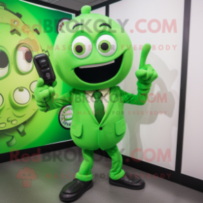Green Phone mascot costume character dressed with a Suit Pants and Cufflinks