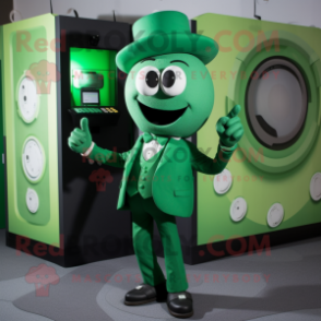 Green Phone mascot costume character dressed with a Suit Pants and Cufflinks