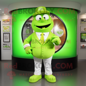 Lime Green Gyro mascot costume character dressed with a Henley Shirt and Cufflinks