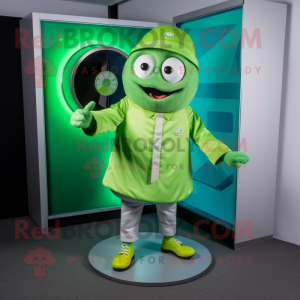 Lime Green Gyro mascot costume character dressed with a Henley Shirt and Cufflinks