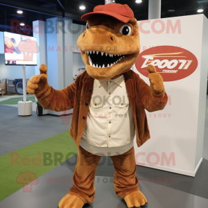 Brown T Rex mascot costume character dressed with a Flare Jeans and Scarf clips