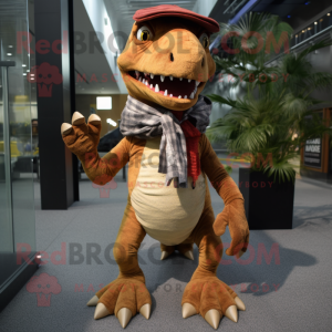 Brown T Rex mascot costume character dressed with a Flare Jeans and Scarf clips