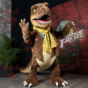 Brown T Rex mascot costume character dressed with a Flare Jeans and Scarf clips