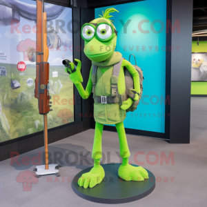 Lime Green Sniper mascot costume character dressed with a Flare Jeans and Briefcases