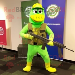 Lime Green Sniper mascot costume character dressed with a Flare Jeans and Briefcases